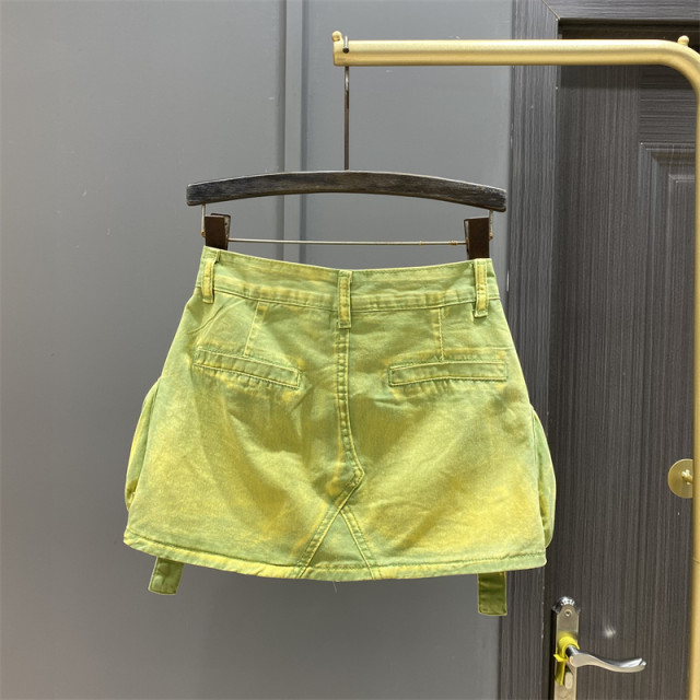 American hot girl three-dimensional large pocket work skirt summer dress fashionable green slim A-line hip denim skirt
