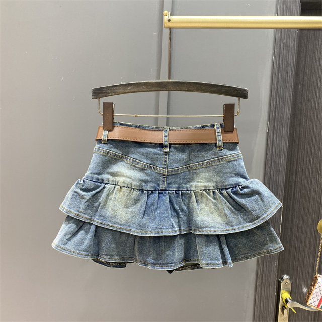 Retro hot girl high -waist A -line thin denim skirt women's summer cake skirt puffed skirt ruffled skirt