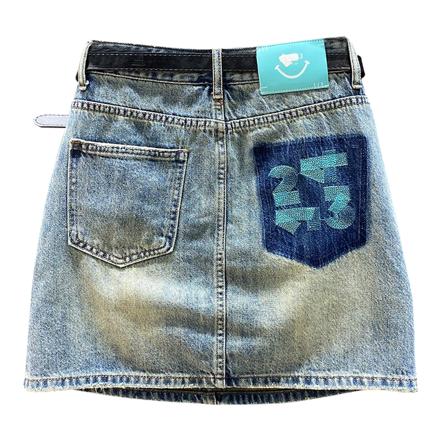 Retro contrast color pocket high waist denim skirt for women in summer embroidery design to make them look slim A-line hip-pack skirt