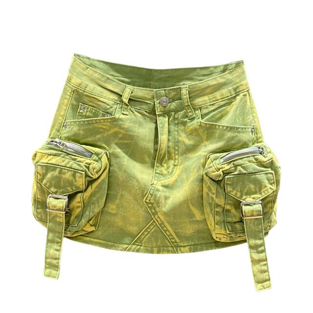 American hot girl three-dimensional large pocket work skirt summer dress fashionable green slim A-line hip denim skirt
