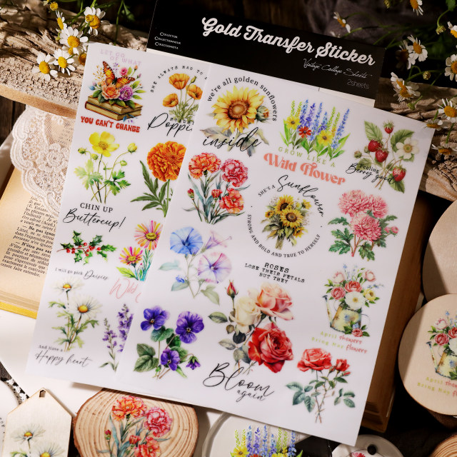 Rabbit's Waterproof Multi-Purpose Crystal Handbook Sticker Cold Transfer Paper Light Retro Sticker DIY Wildflower Water Cup Sticker