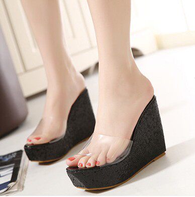 Summer versatile transparent sequin thick-soled heeled fish mouth high heel waterproof platform fashionable women's sandals and cake slippers