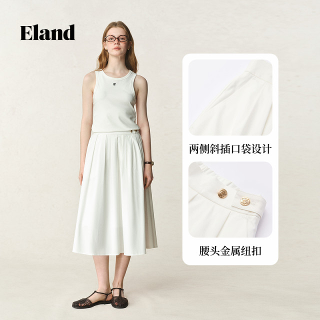 Eland Clothes Sweet Cotton Commuter Mid-Long Dress 2025 Summer New Style