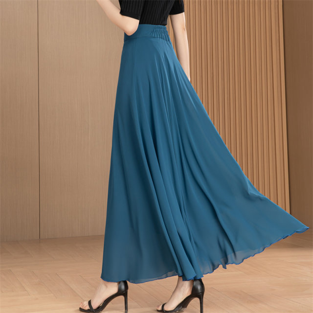 Summer long skirt, big swaying A-line skirt, zipper temperament, beach vacation, chiffon skirt, flowing and versatile dance skirt