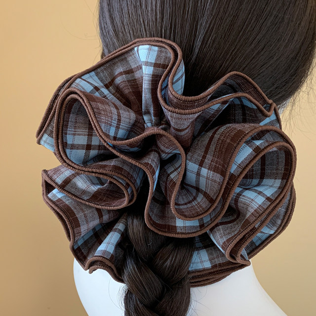 Korean retro blue plaid four-layer large intestine hair ring for women, high-end, oversized ball headband, hair tie, headband, headband