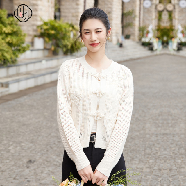 Stubborn 2025 autumn new Chinese style buckle round neck jacquard hollow long sleeve knit sweater cardigan jacket for women