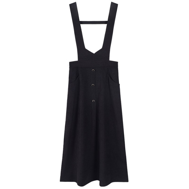 Stubborn Spring New Retro Academy Solid Color Strap Mid-Length A-line Skirt 00031BQ07775