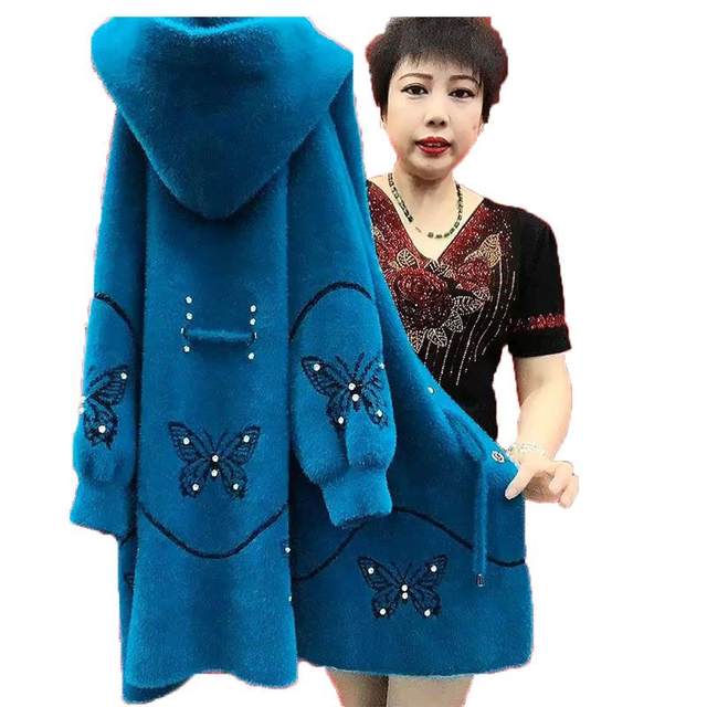 Mink velvet mother's sweater coat for women in autumn and winter thickened mid-length outer coat knitted cardigan for middle-aged and elderly people