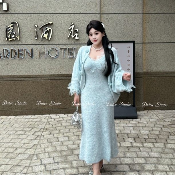 DATOO fat mm wool blended V-neck knitted suspender plus size dress cardigan suit