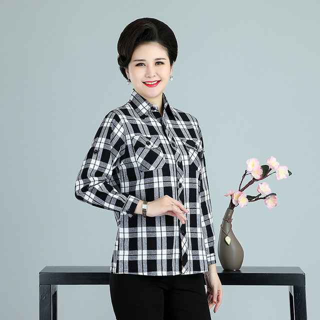 Long-sleeved shirt middle-aged and elderly women pure cotton plaid loose large size mother dress top lapel casual shirt spring autumn