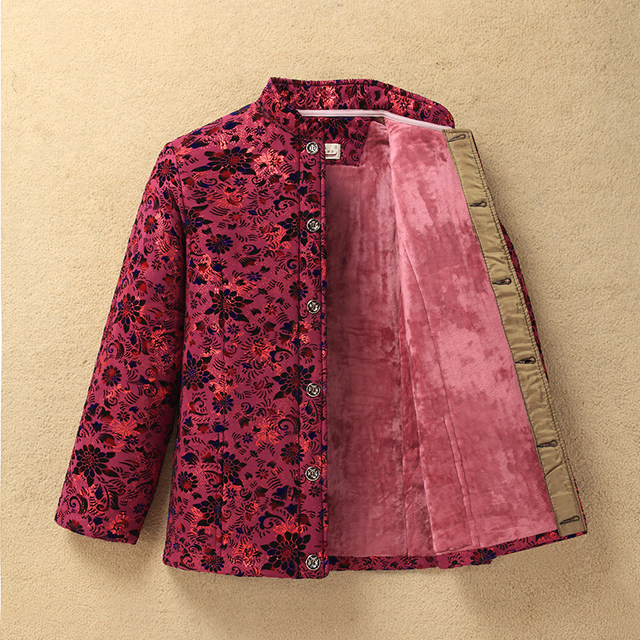Winter elderly women's cotton-padded jacket, camel velvet cotton-padded coat, thickened and velvet grandma outfit, old lady's 80 warm coat, cotton-padded coat, bronzing
