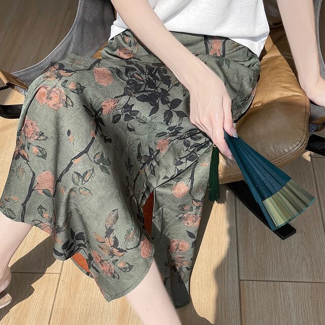 Drooping printed skirt for women in summer new high-waisted slim hip skirt small satin mid-length A-line skirt