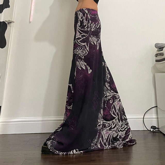 MSYOUCAN American style weird totem dark pattern printed skirt low waist drooping old old-fashioned A-line long skirt