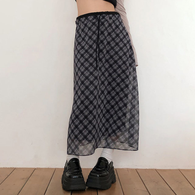 MSYOUCAN Korean ins style printed low waist skirt lace-up versatile college style A-line long skirt