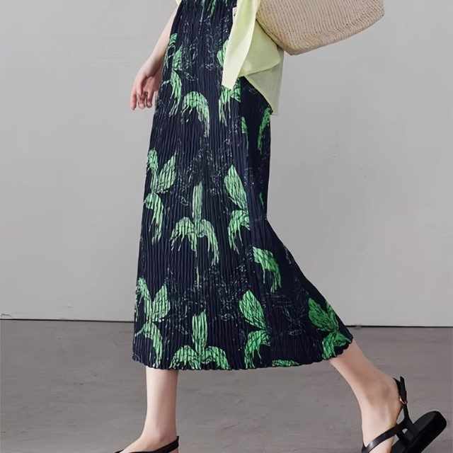 Miyake pleated retro skirt women's ice silk green tie-dye printed straight sand floral skirt elastic waist pleated skirt