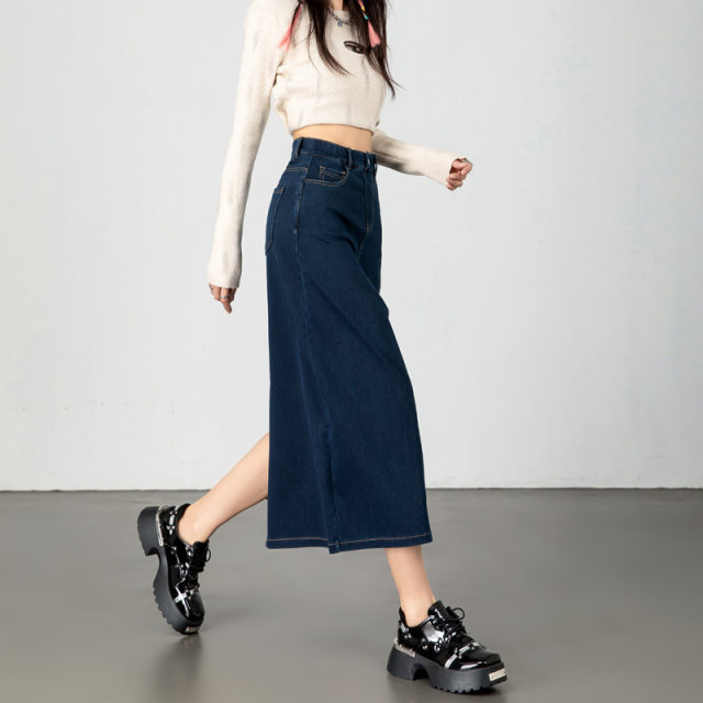 Long denim skirt for women spring and summer thin high waist women's slit long skirt dark blue pencil straight hip denim skirt
