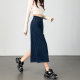 Long denim skirt for women spring and summer thin high waist women's slit long skirt dark blue pencil straight hip denim skirt
