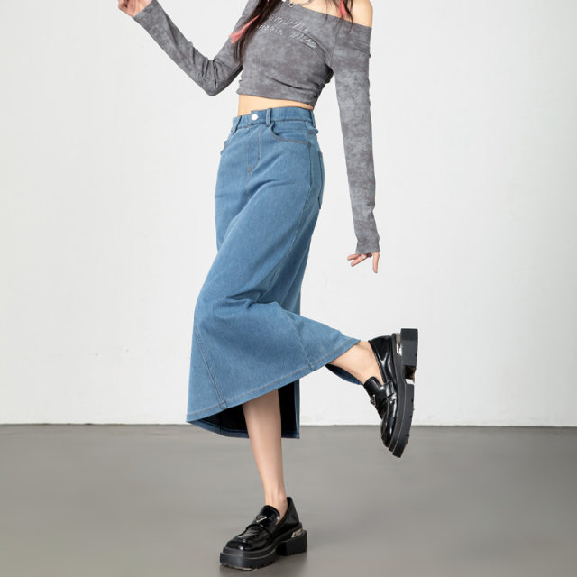 Long denim skirt for women spring and summer thin high waist women's slit long skirt dark blue pencil straight hip denim skirt
