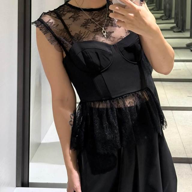 ZA Women's 2024 New Pin Pure Black silk satin texture stitching lace sleeveless top jersey 8958942