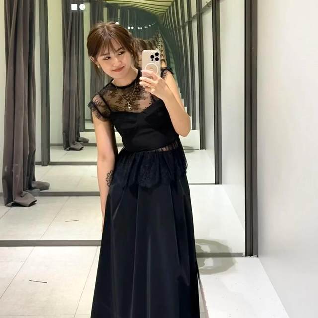 ZA Women's 2024 New Pin Pure Black silk satin texture stitching lace sleeveless top jersey 8958942