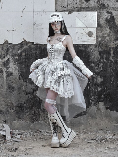 Blood Supply Original Madhouse Distressed Suede Subculture Punk Trailing Printed Suspender Dress Halloween