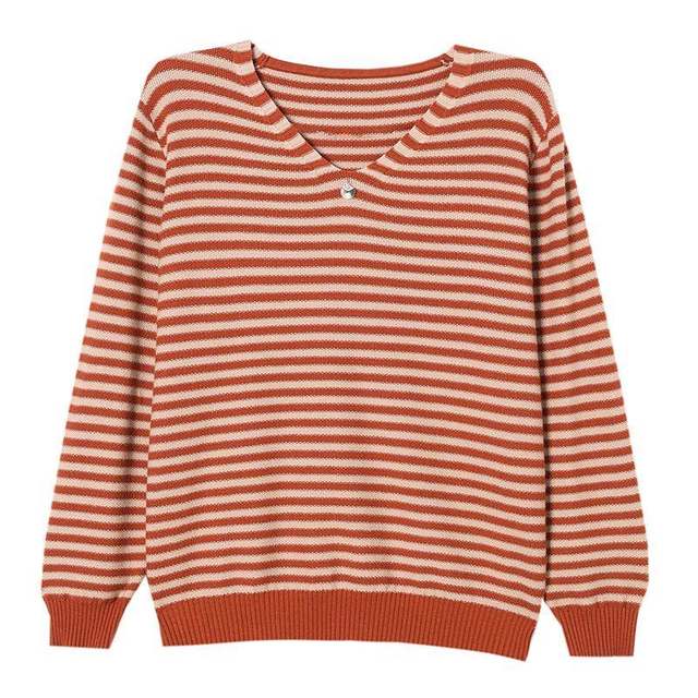 Extra large size spring and autumn new V-neck striped sweater for women loose wool base shirt fat mother thin knit top
