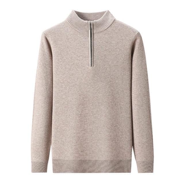 Hengyuanxiang red 100% wool sweater men's half-height zipper collar spring and autumn warm daddy's bottoming loose sweater
