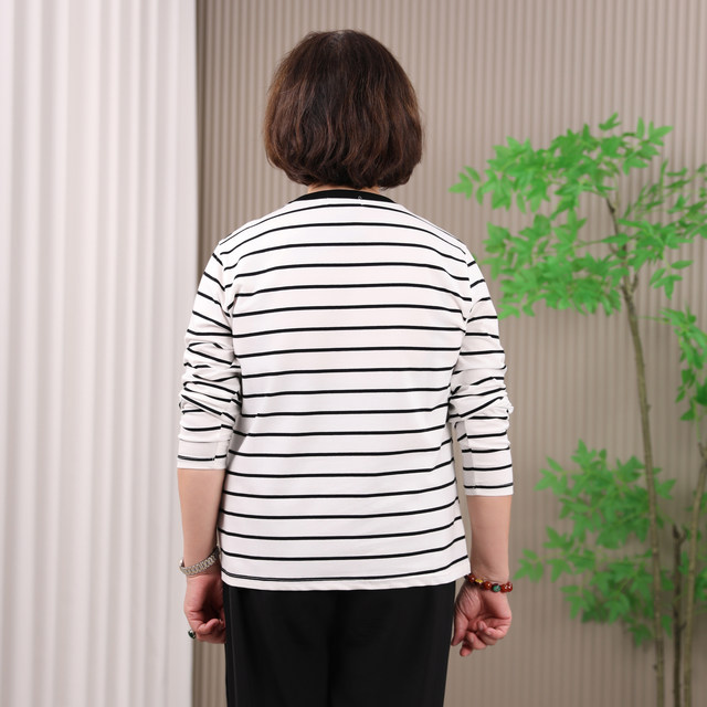 Middle-aged and elderly pure cotton round neck top plus fat plus size fat mother spring and autumn style outer bottoming shirt striped shirt