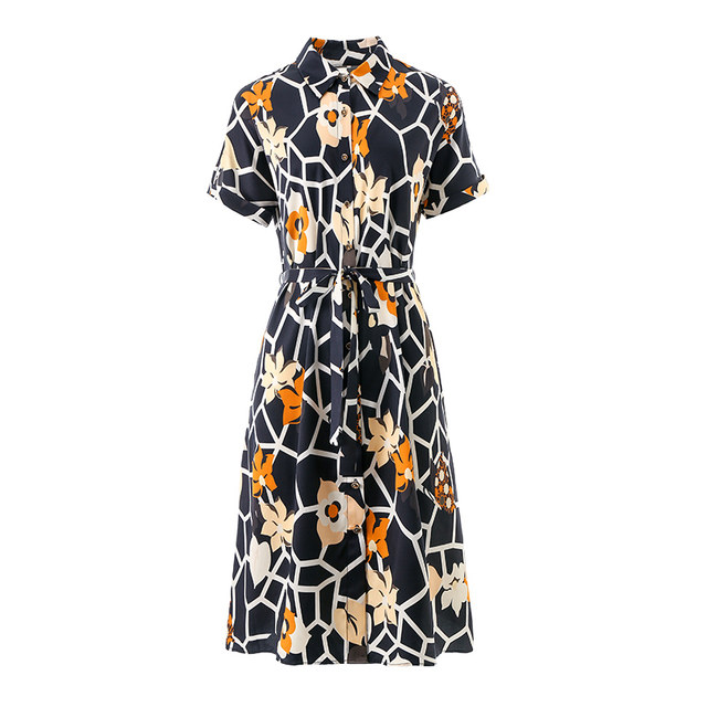Hangzhou famous brand silk mulberry silk dress shirt dress large size fat mm middle-aged short-sleeved lapel OL commuting medium length
