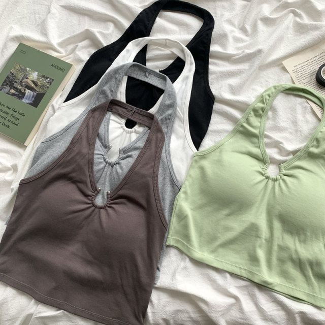 European and American vests with a hanging neck suspension female summer 2023 new chest cushion slimming outside wearing short tops