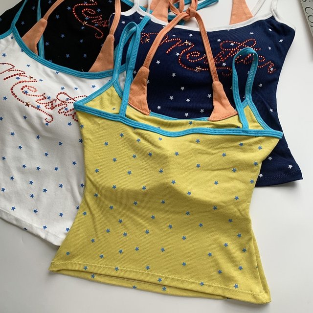 Spicy dancer contrasting color star print suspender vest for women in summer letters with chest pad age-reducing short top