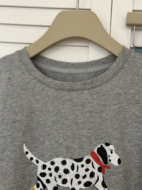 Summer laziness, loose spots, puppy printed gray T -shirt women's round neck fun, plump short sleeve top

