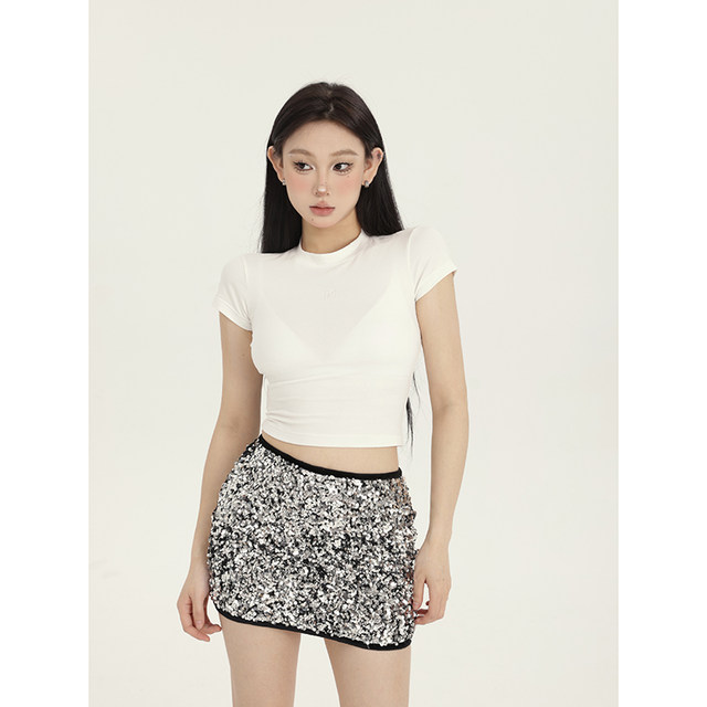 PEMPL short-sleeved T-shirt for women in summer new solid color slim short round neck T-shirt European and American simple versatile top trendy
