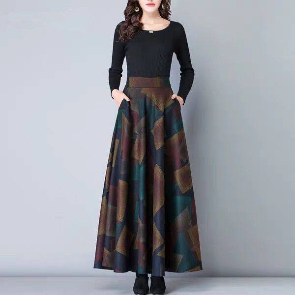 New spring skirt high waist mid-length wool pocket long skirt large a-line skirt wearing Nimei floral skirt
