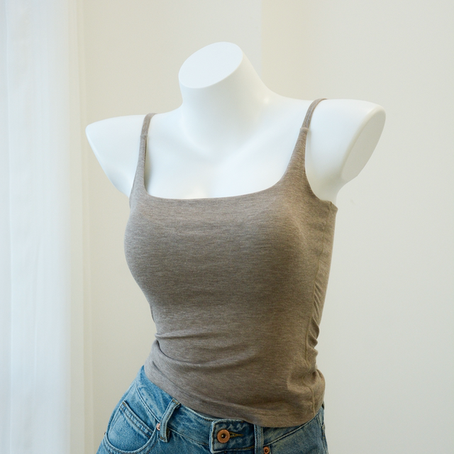 INNER YES plum small square linen camisole with breast pads for women to wear inside and outside gray black top