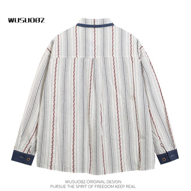 WUSUOBZ Guochao original childlike cartoon embroidered long-sleeved shirt 2024 spring and autumn loose striped shirt jacket
