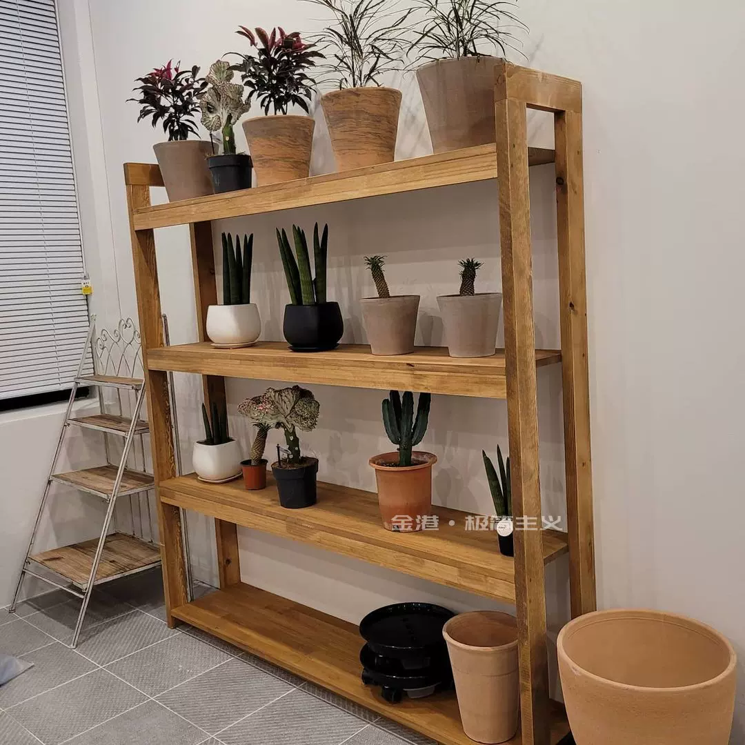 胡桃色实木花架花店置物架落地式陈列展示架书架复古花