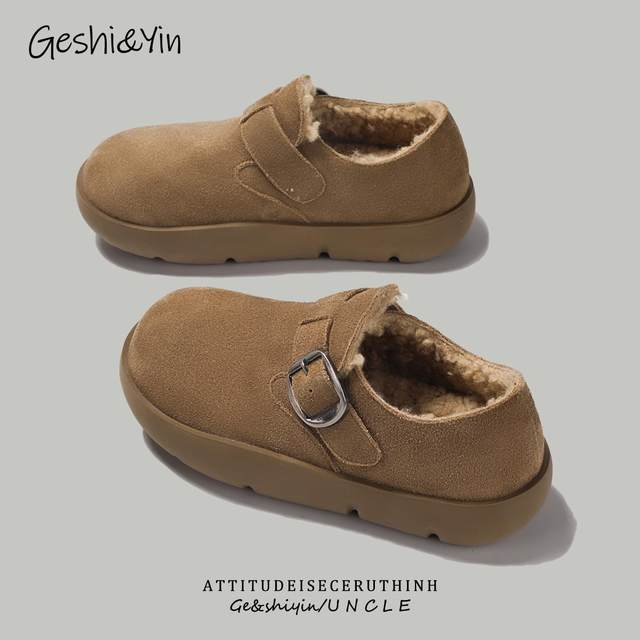 Geshiyin thick-soled Birkenstock shoes for women 2025 new winter fashion velvet warm cotton shoes versatile casual women's shoes