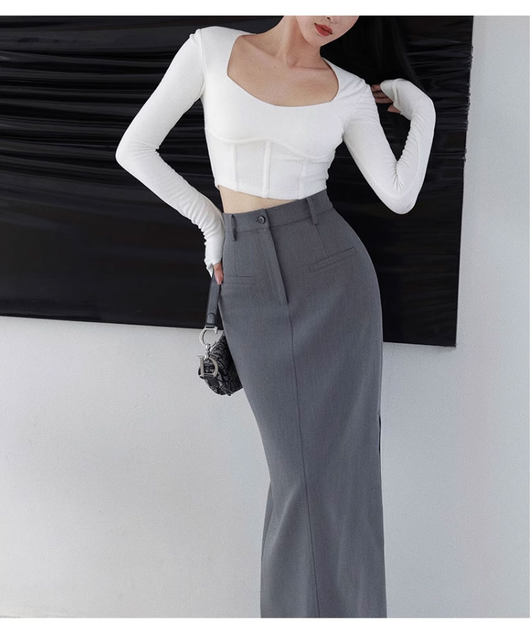 Pear-shaped figure plus size gray high-waisted hip suit half-length skirt for women slimming mm retro a-line straight skirt