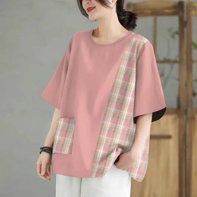 2025 summer round neck short sleeve pocket T-shirt printed Korean style fashionable versatile loose slim top women's large size

