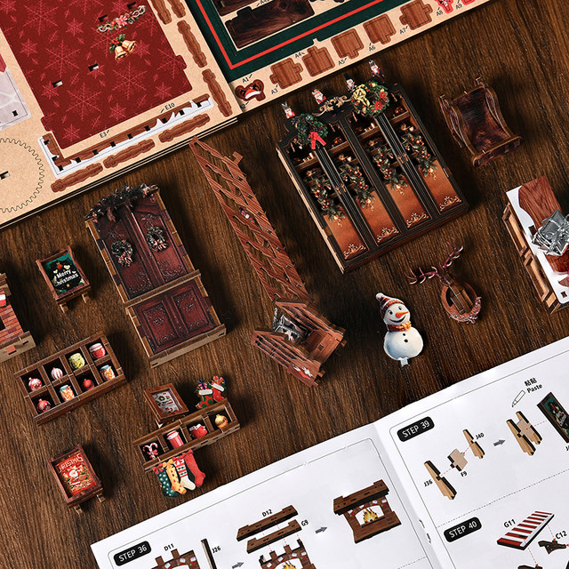 New Christmas scene bookends handmade diy music box wooden assembled building blocks music box girlfriend gift ornaments