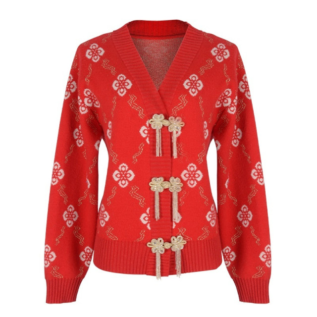Stubborn 2025 Spring New Year Red Chinese Women's Knitted Cardigan Chinese Style Buttoned V-neck Sweater Jacket Women 8924