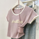 Pink letters jet flower short -sleeved short -sleeved T -shirt 2024 summer new small small shoulder short shoulder short top
