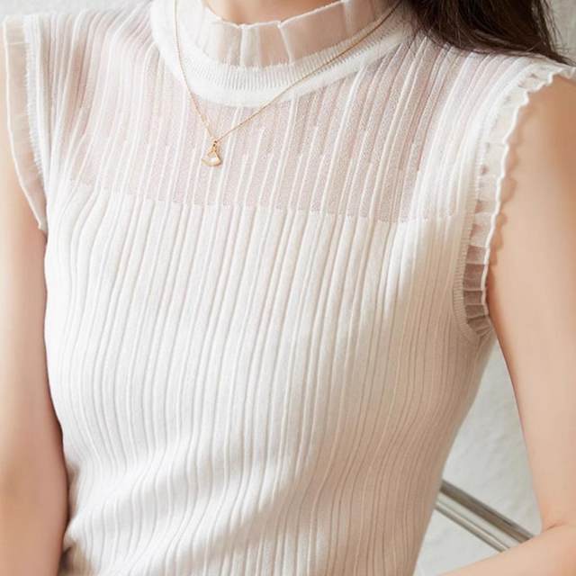 White top lace sweater knitting bottoming shirt French sleeveless suspender vest female half high neck in a suit