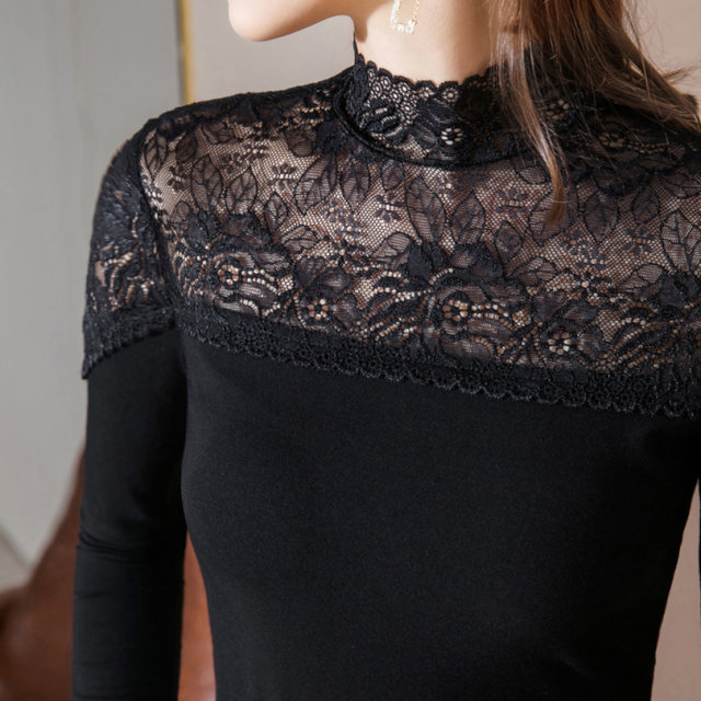 2025 women's spring and autumn new product lace spliced ​​stand collar long sleeves for women's inner slim fit slim bottom shirt for women