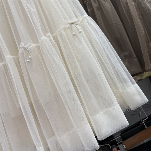 Sweet beaded bow mesh skirt skirt spring and summer new high-waisted spliced ​​cake skirt fairy skirt gauze skirt