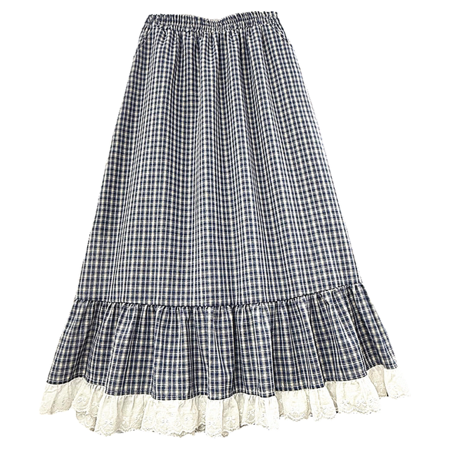 Retro plaid pocket skirt for women in spring and summer new high-waisted ruffle skirt for women lace spliced ​​plaid a-line skirt