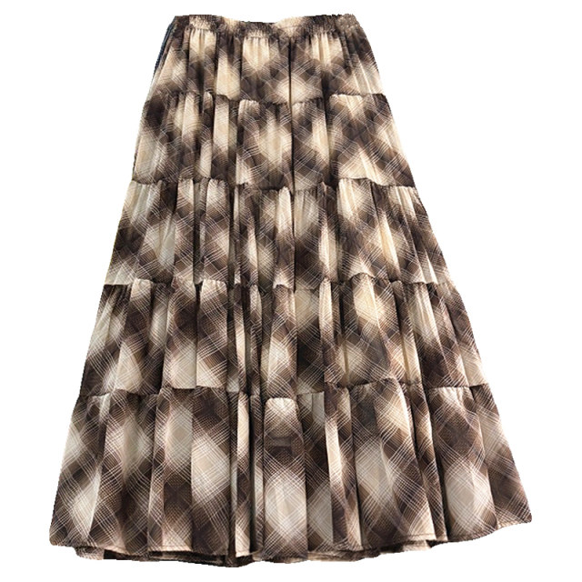 Retro plaid chiffon skirt with pockets for women's spring and summer new rubber waist diamond plaid mid-length large hem skirt