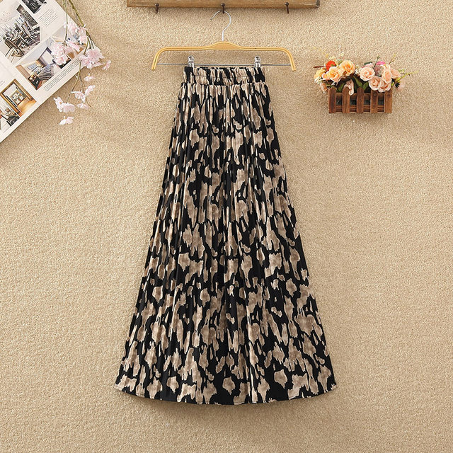 Retro leopard print skirt for women summer high waist slim mid-length printed chiffon pleated skirt A-line beach long skirt
