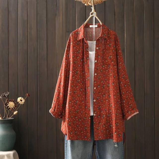 Autumn mid-length floral printed long-sleeved shirt loose casual double-layer cotton tulle cardigan jacket J93